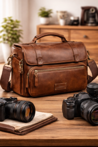brown leather camera bag developing natural patina over time